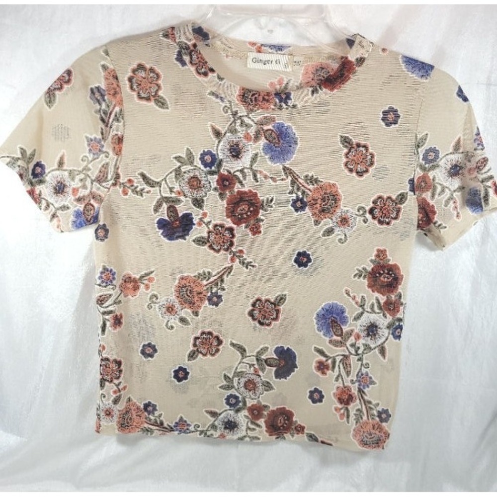 Ginger G Women's Short Sleeve Sheer Floral Top - Tan - Small